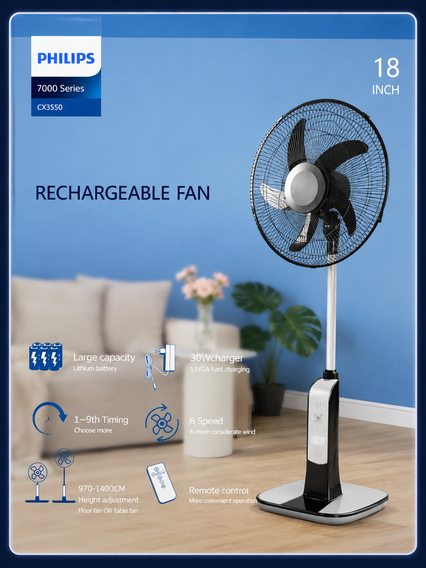 پنکه ایستاده فیلیپس مدل CX3550 شارژی برقی